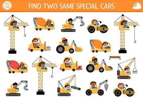 Find two same special cars. Construction site matching activity for children. Building works educational quiz worksheet for kids for attention skills. Simple printable game with cute vehicles vector