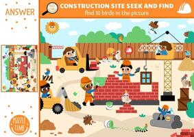 construction site searching game with building works landscape. Spot hidden birds in the picture. Simple seek and find educational printable activity for kids with workers and animals vector