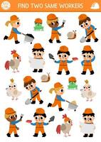 Find two same workers. Construction site matching activity for children. Building works educational quiz worksheet for kids for attention skills. Simple printable game with cute builders vector