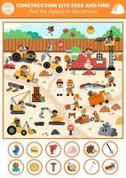 Construction site searching game with building works landscape. Spot hidden objects. Simple seek and find printable activity for kids with workers, building brick house, special cars vector