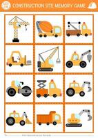 construction site memory game cards with cute special technics. Building works matching activity. Remember and find correct card. Simple printable worksheet with repair vehicles vector