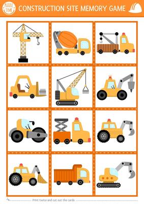 construction site memory game cards with cute special technics. Building works matching activity. Remember and find correct card. Simple printable worksheet with repair vehicles