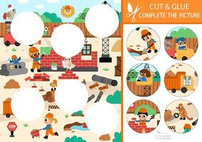 construction site cut and glue activity. Crafting game with cute landscape, workers building brick house. Fill up the scene with round sticker. Find the right piece of puzzle. Complete the picture vector