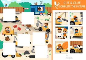 construction site cut and glue activity. Crafting game with cute landscape and workers fixing road. Fill up the scene with square sticker. Find the right piece of puzzle. Complete the picture vector