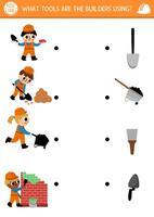 Construction site shadow matching activity with builders and tools. Building works puzzle. Match the silhouette game, printable worksheet. Repair service match up page with brush, wheelbarrow vector