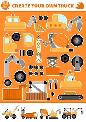 Lets build a truck cut and glue activity. Special transport educational crafting game. Construct fantasy car. construction site technics, bulldozer printable page for kids. Complete the vehicle