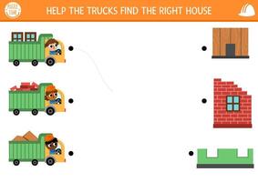 Construction site matching activity with trucks loaded with different materials and houses. Building works puzzle. Match the objects game, printable worksheet. Repair service match up page vector
