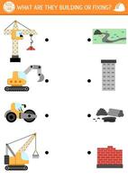 Construction site matching activity with special technics and the objects they are fixing or building. Building works puzzle, game, printable worksheet. Repair service match up page vector