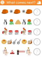 What comes next. Construction site logical activity for preschool children with hard hat, tools, animals. Building works or repair service logic succession worksheet. Continue the row game vector