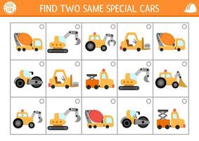 Find two same special cars. Construction site matching activity for children. Building works educational quiz worksheet for kids for attention skills. Simple printable game with vehicles vector