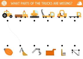 Construction site matching activity with special technics and missing parts. Building works puzzle. Match the object game, printable worksheet. Repair service match up page with truck, bulldozer vector