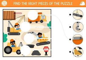 Construction site matching activity with road repair scene and special technics. Building works puzzle, game, printable worksheet. Repair service match up page. Find missing parts of the picture vector