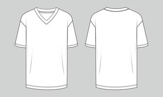 V neck t shirt technical drawing fashion flat sketch template front and back views vector