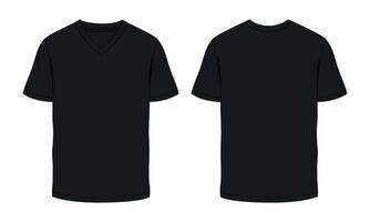 Black color v neck t shirt template front and back isolated on white background vector