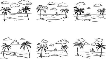 Beach scenery doodles collection with palm trees boats and clouds in format vector