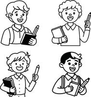Black and white line art of students with books and pencils vector