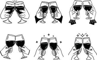 Line art illustration of wine glasses clinking in celebration with hands vector