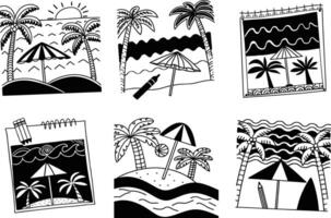 Black and white sketches depicting tropical beach scenes with palm trees and umbrellas vector