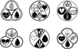 Abstract logos representing heart health environment and water in black and white vector