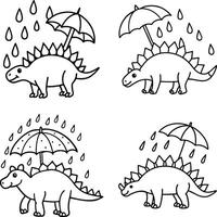Seamless pattern of cartoon dinosaurs under umbrellas in the rain black and white vector