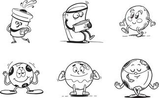 Cartoon planet characters and beverage containers characters black and white illustration vector