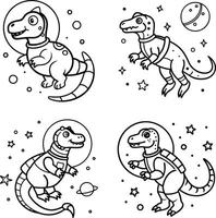 Dinosaur astronauts in space coloring page for kids line art vector
