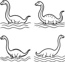 Loch ness monster illustration set cute nessie in water line art vector