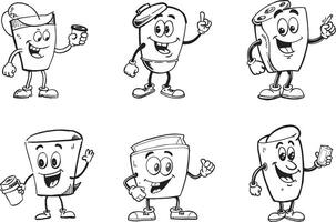 Black and white cartoon drink character collection with various expressions and accessories vector