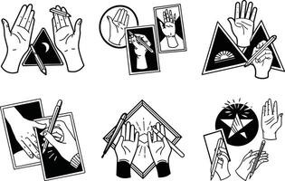 Hands with pencils creating geometric designs line art illustration vector