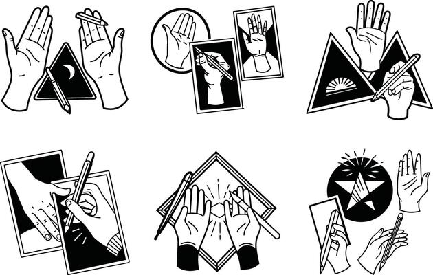 Hands with pencils creating geometric designs line art illustration