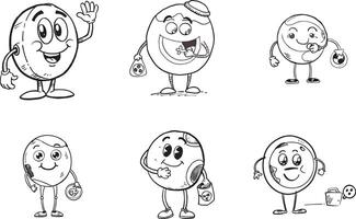 Cartoonish planets with various environmental themes,sketch illustration of ecological responsibility vector
