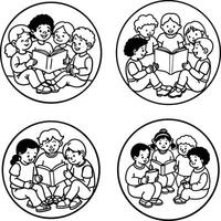 Group of diverse children reading books together in circular illustrations line art style vector