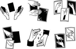 Mystical hands with cards black and white line art illustration vector