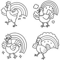 Cartoon chicken characters with rainbows in black and white outline vector