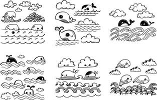 Hand drawn cute whale and cloud set ocean sea doodle illustration vector