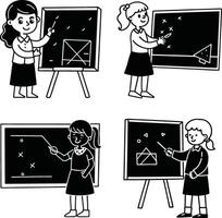 Cute black and white cartoon girls teaching mathematics on chalkboard vector