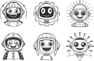 Set of cartoon robot character illustrations black and white vector