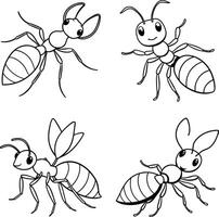 Four cartoon ants illustrations with different antennas and poses isolated on white vector