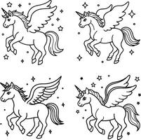 Four unicorn pegasus outline illustrations seamless pattern for coloring books vector