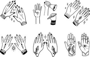 Mystical hand drawn hands in various gestures with magical symbols vector