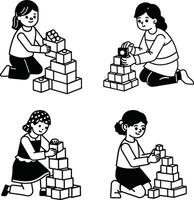 Girls building blocks black and white illustration learning and development vector