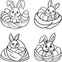 Easter bunny outlines with easter eggs in baskets for coloring pages collection vector