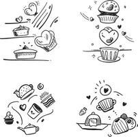 Hand drawn pastries teacups and hearts collection of illustrations on white background vector