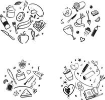 Hand drawn sketch illustration with food tools beauty and travel elements vector