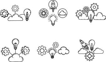 Creative thinking process with gears cloud and lightbulb icons black and white vector