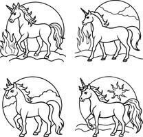 Set of four unicorn illustrations with sun cloud and fire backgrounds vector