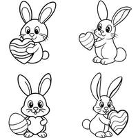 Easter bunny outline icons holding heart and egg shape decorative elements vector