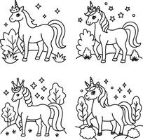 Black and white unicorn illustration set for coloring books and creative projects vector