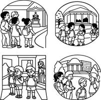 School field trip illustration black and white educational excursion group vector