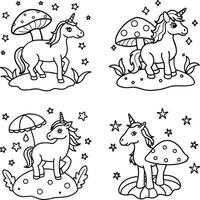 Outline of four unicorns with mushrooms and stars for coloring book vector